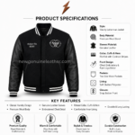 Custom black varsity jacket with front chest embroidery and ram logo detail