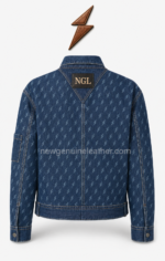 Custom denim jacket with oversized snap pockets and concealed front placket