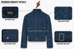 Custom denim jacket front view with tonal NGL lightning pattern and utility pockets