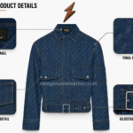 Custom denim jacket front view with tonal NGL lightning pattern and utility pockets