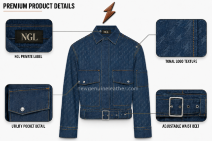 Custom denim jacket front view with tonal NGL lightning pattern and utility pockets