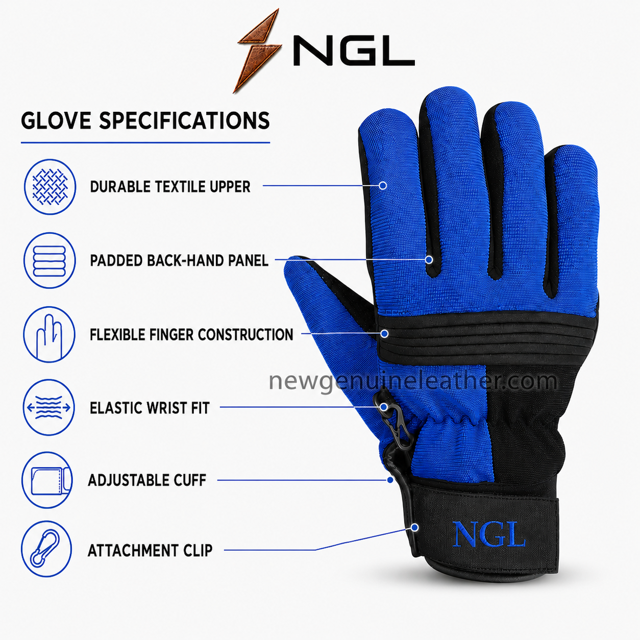 Custom Grip Gloves Blue and Black NGL Product View Custom grip gloves in royal blue and black with padded back-hand panel and NGL cuff logo