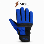 Custom grip gloves with blue NGL logo positioned on an extended black wrist cuff