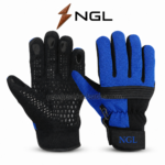 Custom grip gloves with ribbed black knuckle panel and breathable blue finger construction