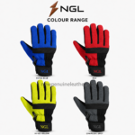 Custom grip gloves showing black textured palm and blue textile back with reinforced stitching
