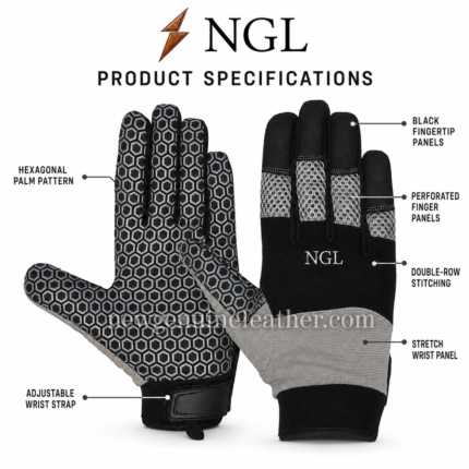 Custom mechanic gloves in black and grey with hexagonal palm pattern, mesh finger panels, adjustable strap and NGL logo