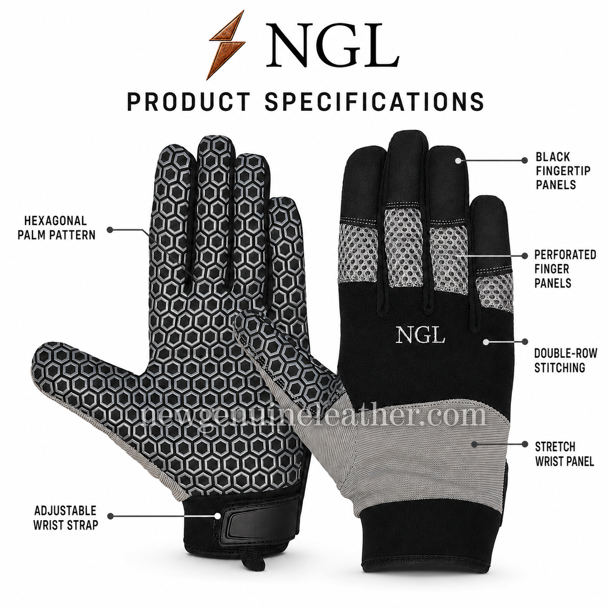 Custom Mechanic Gloves – Black and Grey NGL Pair Custom mechanic gloves in black and grey with hexagonal palm pattern, mesh finger panels, adjustable strap and NGL logo