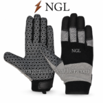 Custom mechanic gloves specifications showing hexagonal palm pattern, mesh panels, double stitching and wrist strap