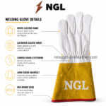 Goat welding gloves with white leather hand, mustard suede cuff, red binding and white NGL screen print