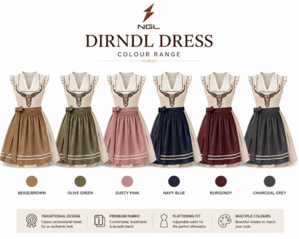 Deer Motif Dirndl six-color range in beige, olive, dusty pink, navy, burgundy and charcoal by newgenuineleather.com