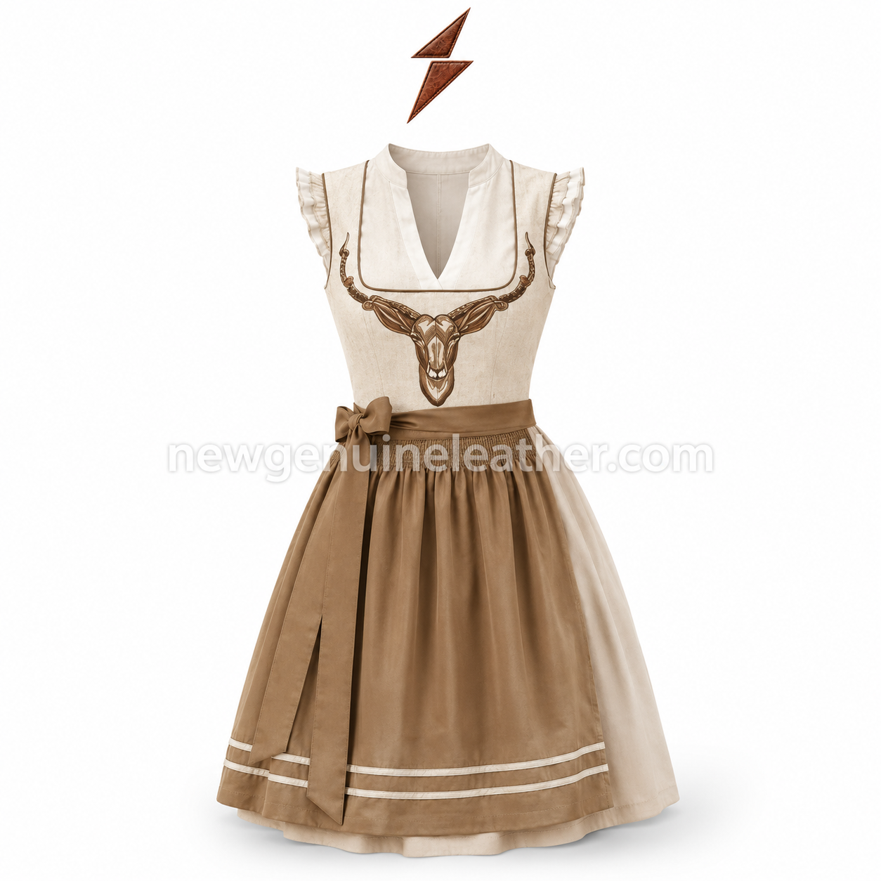 Deer Motif Dirndl Front View | New Genuine Leather Deer Motif Dirndl back view with ivory bodice panels, brown waistband, gathered skirt and NGL