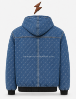 Denim jacket men back view with blue logo pattern, shoulder seams and NGL branding by NEW GENUINE LEATHER.