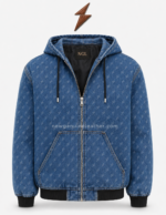 Denim jacket men half-zip-open pose showing the NGL neck label, black lining and NEW GENUINE LEATHER branding.