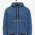 Denim jacket men specification image highlighting the NGL monogram, hood, zipper and kangaroo pockets by NEW GENUINE LEATHER.