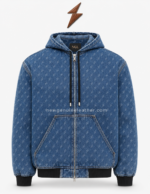 Denim jacket men specification image highlighting the NGL monogram, hood, zipper and kangaroo pockets by NEW GENUINE LEATHER.
