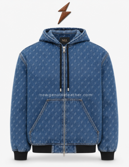Denim jacket men specification image highlighting the NGL monogram, hood, zipper and kangaroo pockets by NEW GENUINE LEATHER.
