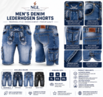 Denim Lederhosen side pose showing blue faded panels, embroidered cargo pocket, contrast stitching and NGL top logo