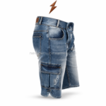 Denim Lederhosen specification image with front flap, white embroidery, cargo pockets, reinforced stitching and NGL branding