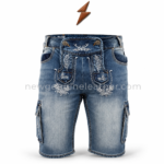 Denim Lederhosen back pose with shaped patch pocket, brown NGL leather label, belt loops and faded blue denim panels