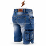 Denim Lederhosen front view in washed blue with white deer embroidery, cargo pockets and NGL branding by newgenuineleather.com