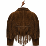 Wholesale suede cropped jacket with long brown fringe, notched collar, black logo label, and smooth black lining