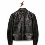 Distressed black leather jacket with curved shoulder stitching and four utility pockets