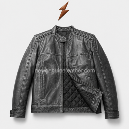 Distressed leather jacket in charcoal black with snap collar, quilted lining and NGL logo