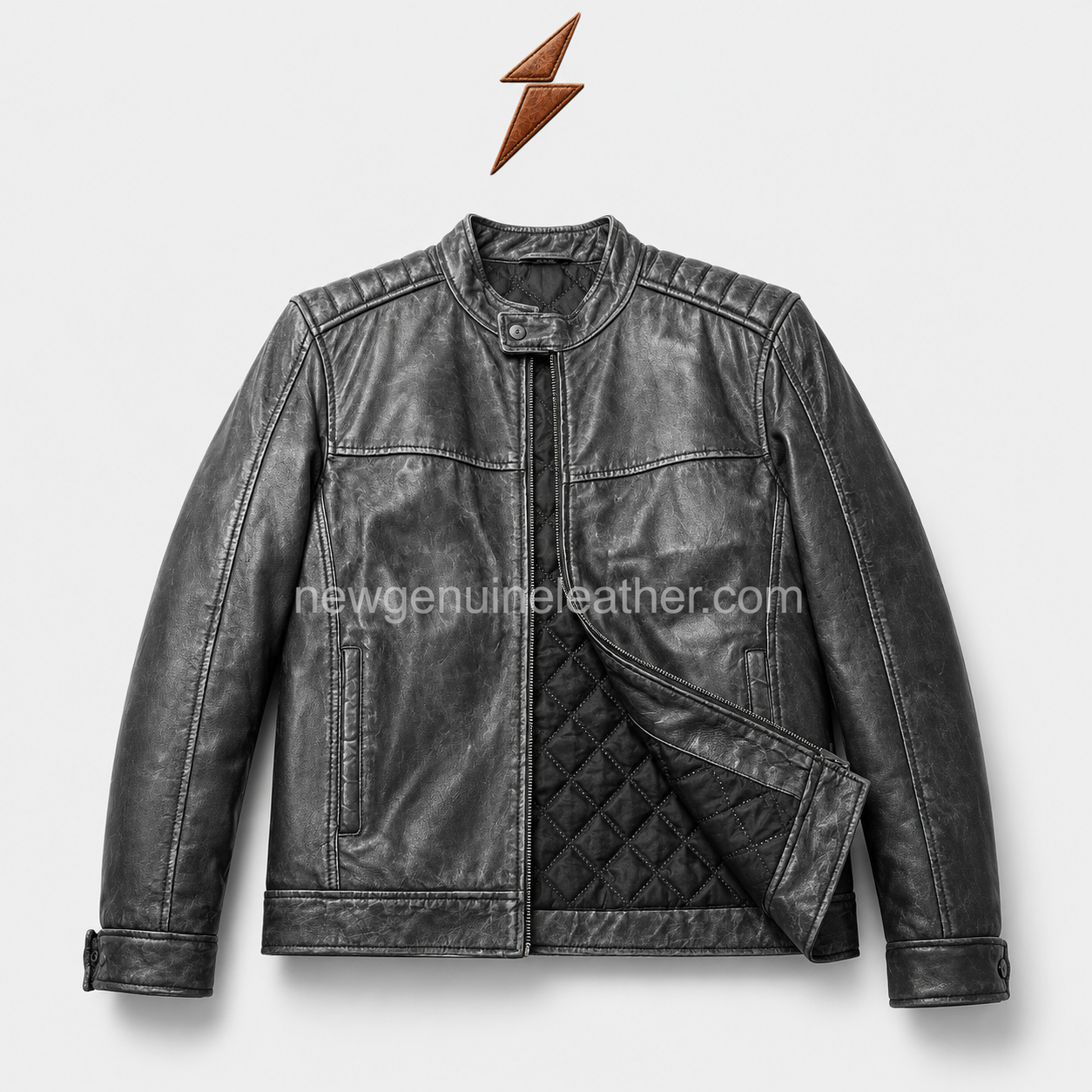 Distressed Leather Jacket with Quilted Lining Distressed leather jacket in charcoal black with snap collar, quilted lining and NGL logo