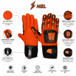 IMPACT MECHANIC GLOVES in safety orange with black TPR finger guards, reinforced thumb panels and protective wrist cuffs.