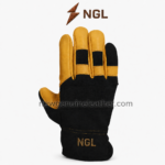 Driving leather glove back view with yellow finger panels, black textile body, protective cuff, golden NGL embroidery, and visible stitching.