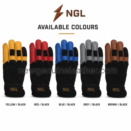Driving leather glove back view with yellow finger panels, black textile body, protective cuff, golden NGL embroidery, and visible stitching.