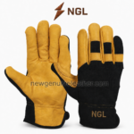 Driving leather glove specification image identifying the leather palm, reinforced fingertips, fabric back, stitching, and protective wrist cuff.