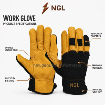 Driving leather glove in yellow and black showing leather palm, textile back, reinforced fingers, NGL cuff logo, and stitched panel construction.