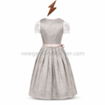 Dusty Rose Dirndl Dress specifications showing lace sleeves, adjustable bodice lacing, embroidered apron and custom sizing