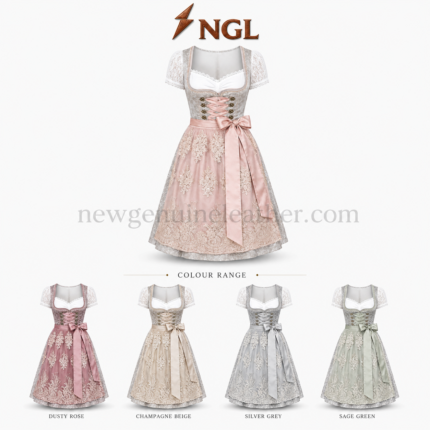 Dusty Rose Dirndl Dress front view with silver jacquard bodice, pink lacing, floral lace apron and newgenuineleather.com branding