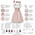 Dusty Rose Dirndl Dress back view with princess seams, patterned skirt, pink waistband and NGL logo