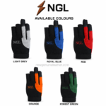 Fingerless work gloves in light grey, royal blue, red, orange and forest green with black panels and matching logos