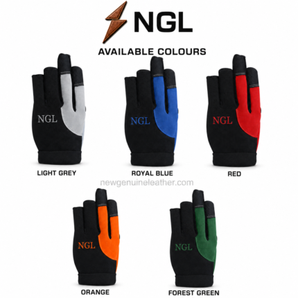 Fingerless work gloves in light grey, royal blue, red, orange and forest green with black panels and matching logos