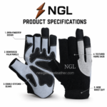 Fingerless work gloves specification image highlighting open fingertips, palm overlays, double seams and wide cuff