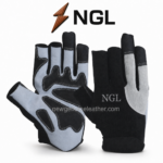 Fingerless work gloves in black and light grey with reinforced palm overlays, double stitching and silver NGL branding