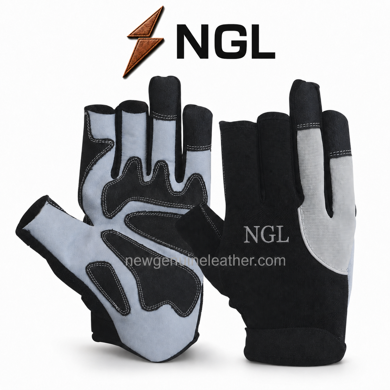 Fingerless Work Gloves – Product Specifications Fingerless work gloves in black and light grey with reinforced palm overlays, double stitching and silver NGL branding