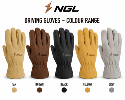 NGL Driving Gloves displayed in tan, dark brown, black, golden yellow and light grey leather colorways.