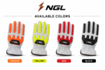 White and orange NGL GLOVES featuring a black logo panel, molded knuckle guard and stitched thumb reinforcement.