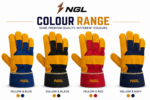 RIGGER GLOVES displayed in yellow and blue, yellow and black, yellow and red, and yellow and navy color combinations.