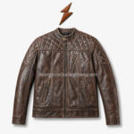 Brown quilted leather jacket with black quilted inner lining and open front zipper