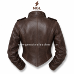 Cropped leather jacket with corset-style panel stitching and glossy brown leather finish