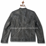Distressed leather jacket with black quilted inner lining and open front zipper
