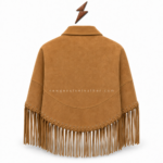 Front view of tan suede fringe jacket showing tonal stitching, metal zipper, and symmetrical chest fringe