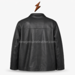 Genuine leather jacket back view with shoulder yoke and clean black panels
