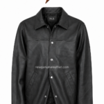 Black genuine leather jacket with panel stitching and contrasting cream collar